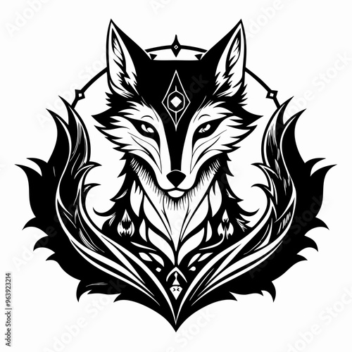 Intricate Tribal Fox Design with Geometric Accents and Detailed Fur Patterns