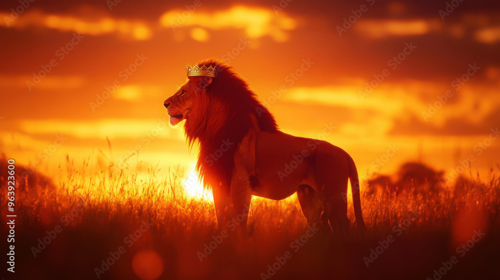 A lion with a golden crown silhouetted against a fiery sunset, standing tall in a grassy plain. A lion with a golden crown silhouetted against a fiery sunset, standing tall in a grassy plain.