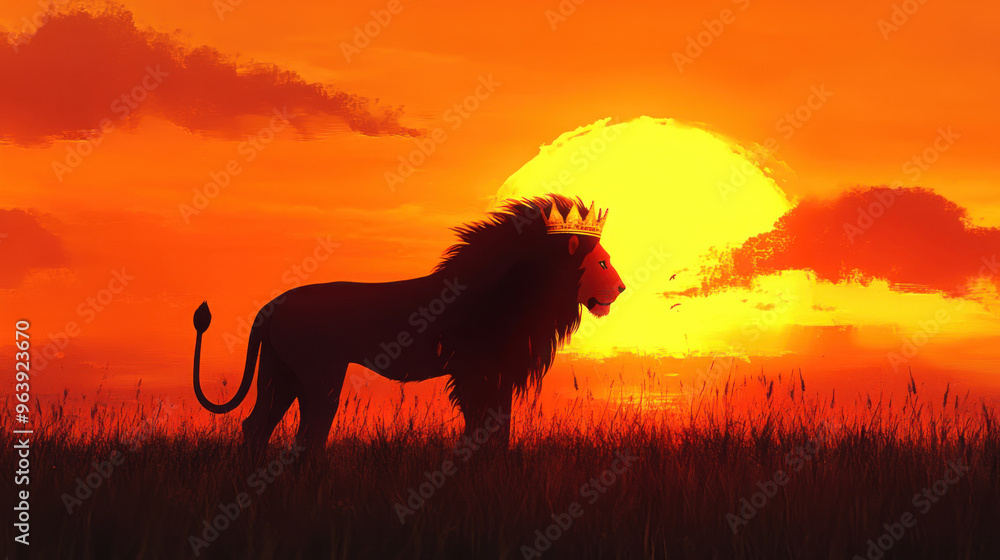 A lion with a golden crown silhouetted against a fiery sunset, standing tall in a grassy plain. A lion with a golden crown silhouetted against a fiery sunset, standing tall in a grassy plain.