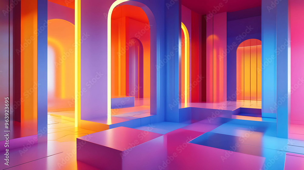 A colorful, abstract, 3D rendering of a room with arches and glowing lights. A colorful, abstract, 3D rendering of a room with arches and glowing lights.