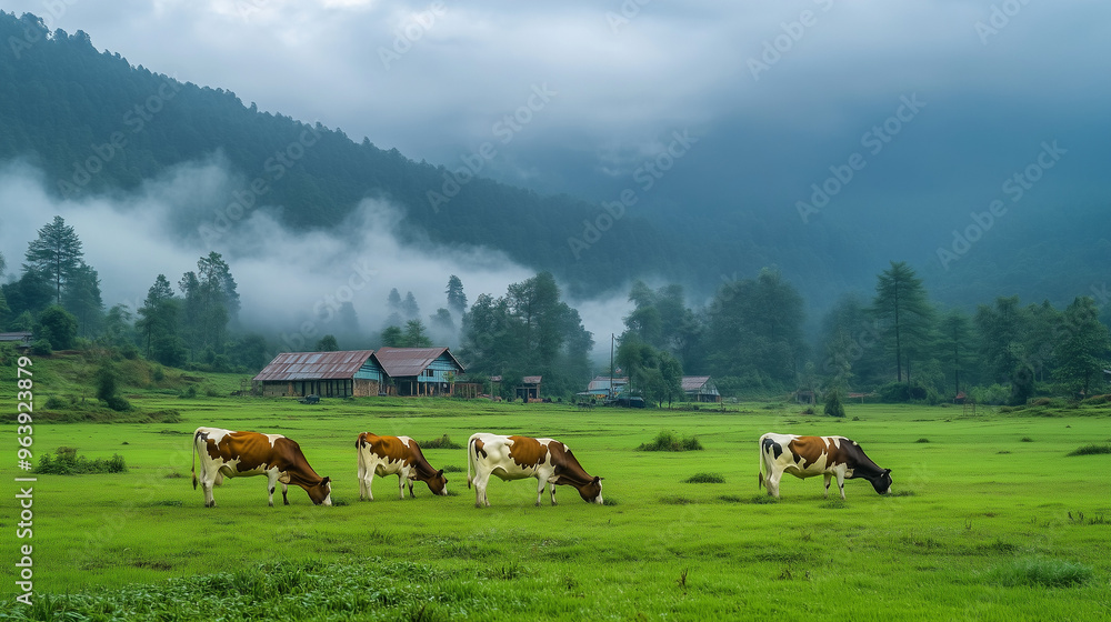Fototapeta premium Cow eating grass in a field.