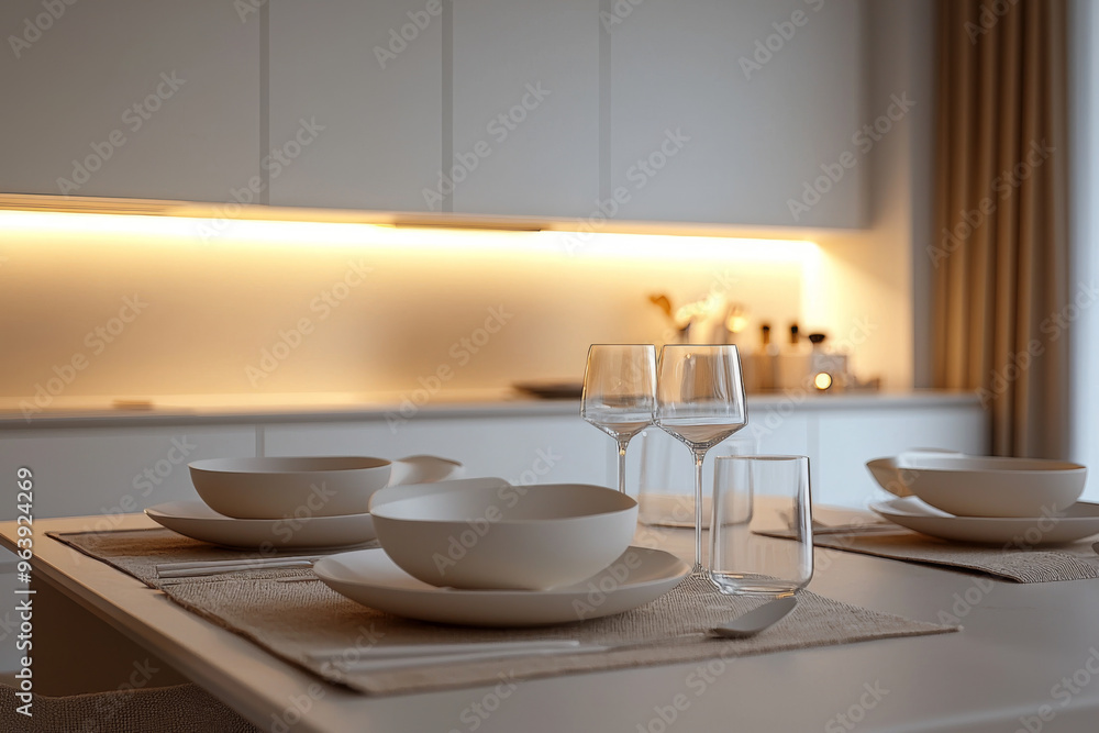 A modern kitchen table set with elegant tableware, creating a warm and inviting dining atmosphere. A modern kitchen table set with elegant tableware, creating a warm and inviting dining atmosphere.