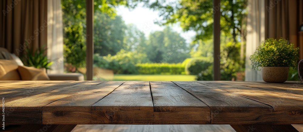 Wooden Tabletop with Blurred Garden Background Wooden Tabletop with Blurred Garden Background