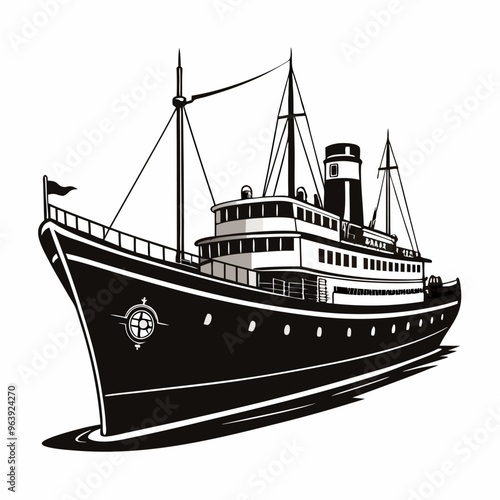 Vintage Steamship Silhouette Nautical Illustration of Classic Ocean Liner in Black and White