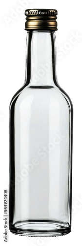 Empty glass bottle with a metal cap on display, cut out - stock png.