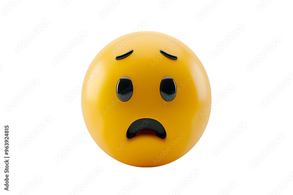 Fototapeta premium Worried Emoticon, Yellow, 3D Rendering. Isolated on transparent background
