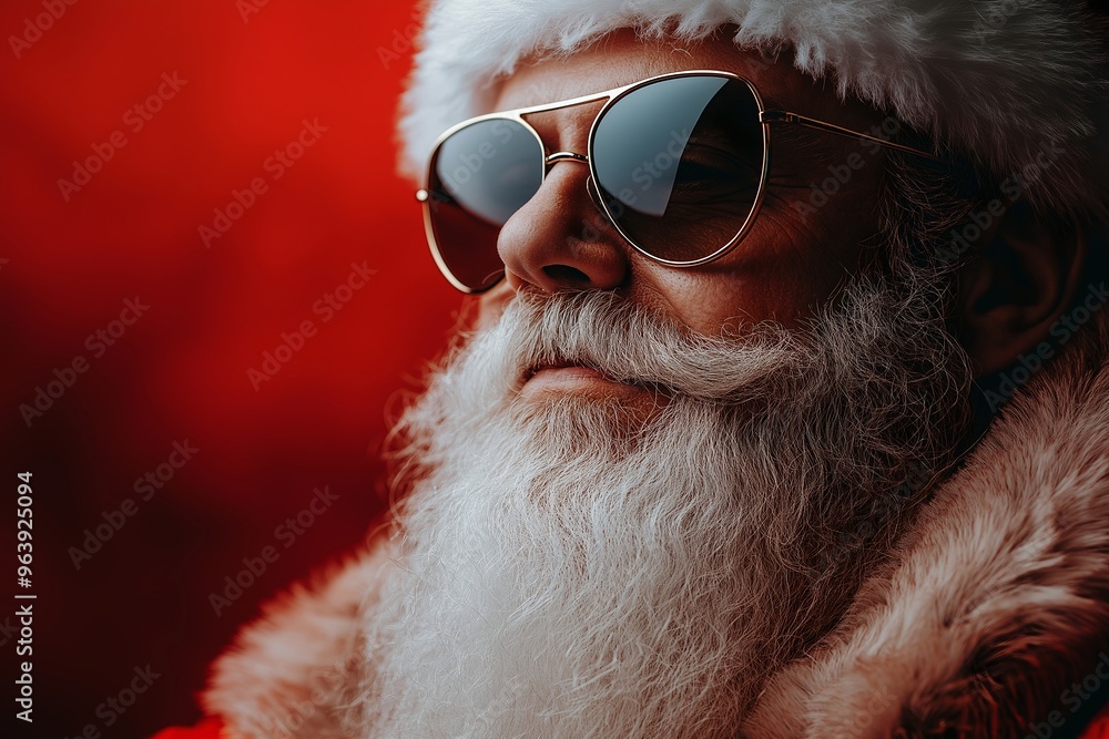 Portrait of a cool man with a white beard in a Santa Claus costume and sunglasses isolated on a red background, in the minimalistic style, copy space concept. Portrait of a cool man with a white beard in a Santa Claus costume and sunglasses isolated on a red background, in the minimalistic style, copy space concept.