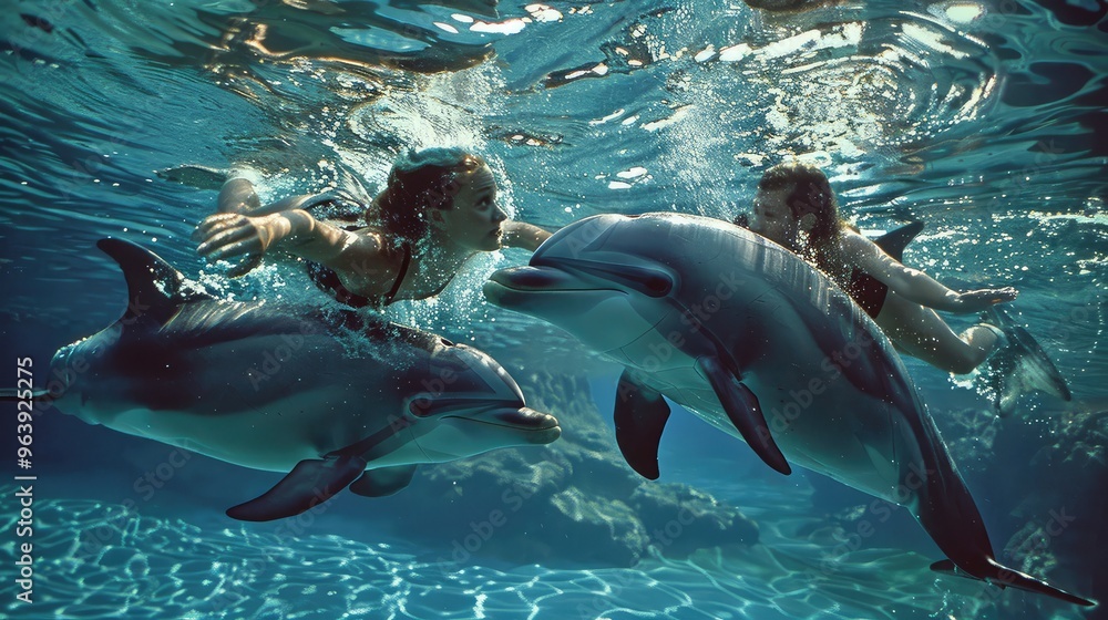 Fototapeta premium Enchanting Underwater Encounter: Swimming with Agile Dolphins