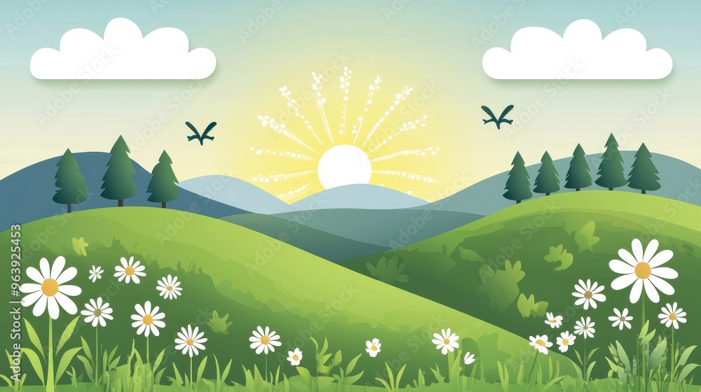 Fototapeta premium Paper Cut Landscape with Daisies Sun and Clouds