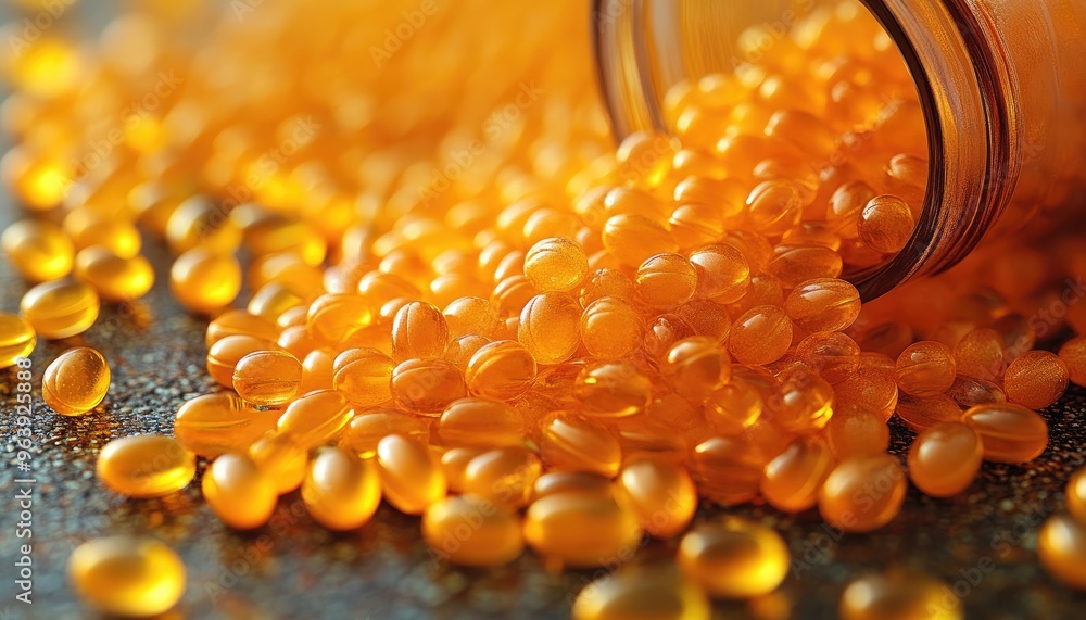 Close-up of golden capsules spilling from a bottle. This image represents the concept of health and wellness, showcasing the use of supplements for maintaining good health. Close-up of golden capsules spilling from a bottle. This image represents the concept of health and wellness, showcasing the use of supplements for maintaining good health.