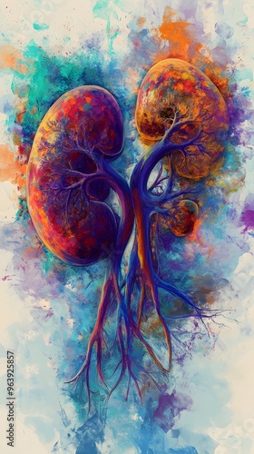 Abstract Painting of Two Kidney-Shaped Forms Connected by a Tree Trunk and Roots photo