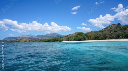 Serene Tropical Beach Landscape with Crystal Clear Waters and Lush Greenery