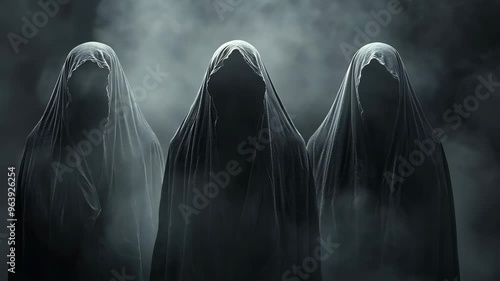 Mysterious figures shrouded in darkness emerge from the fog during an eerie night in an abandoned location