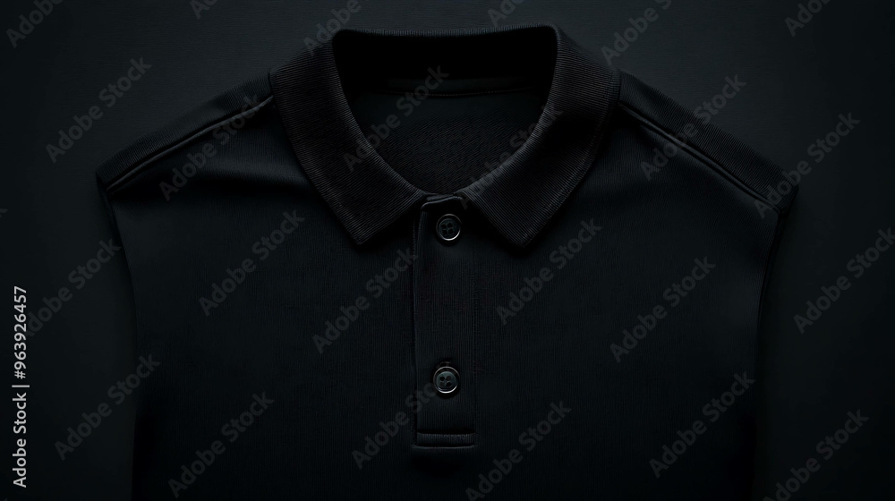 A plain black polo shirt with a button-up collar, photographed on a black background. A plain black polo shirt with a button-up collar, photographed on a black background.