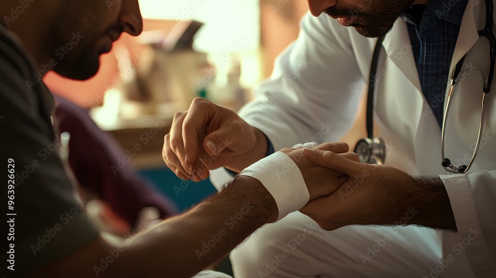 Obraz premium Applying Bandage: Doctor's hands carefully applying a bandage to a patient's arm. 