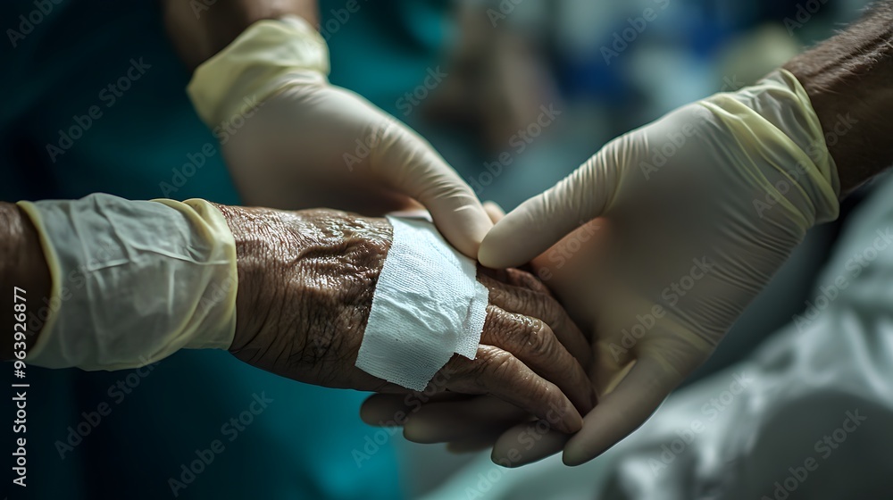 Applying Bandage: Doctor's hands carefully applying a bandage to a patient's arm.
Applying Bandage: Doctor's hands carefully applying a bandage to a patient's arm.