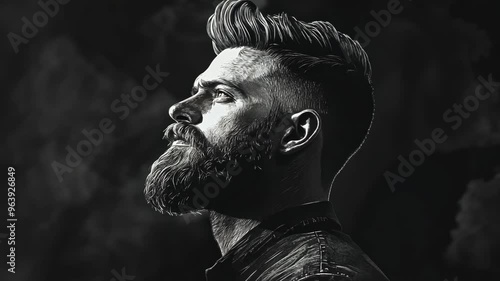 A deep and thoughtful man gazes into the distance with a striking profile and impressive beard against a dramatic backdrop