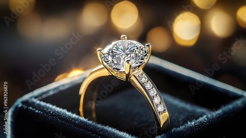 Diamond Engagement Ring in Box with Golden Lights