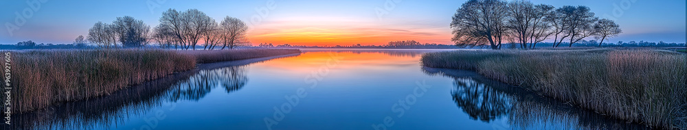 Tranquil Dawn Reflections - Hyper-Realistic River Scene with Morning Sky Colors Tranquil Dawn Reflections - Hyper-Realistic River Scene with Morning Sky Colors