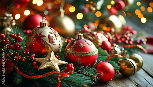 Christmas decorations with a strong festive atmosphere, with red and gold colored balls, stars, bells and blessing cards intertwined, symbolizing a warm and happy holiday time. photo