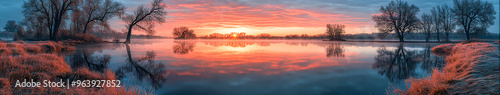 Serene Dawn Reflections: Hyper-Realistic Still River Photo with Morning Sky Colors