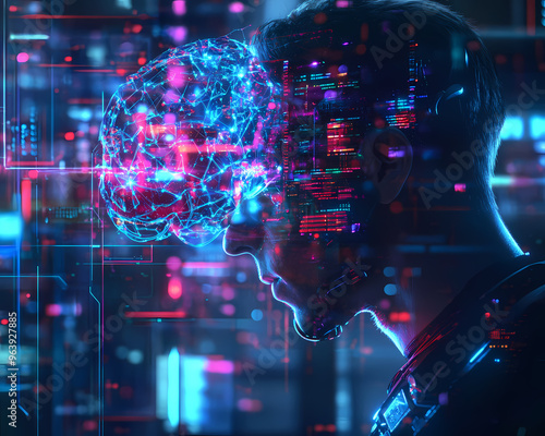 Wallpaper Mural Close-up of a man wearing a neural interface, visually blending brain activity with futuristic digital networks, symbolizing human-AI integration and virtual reality technology.

 Torontodigital.ca