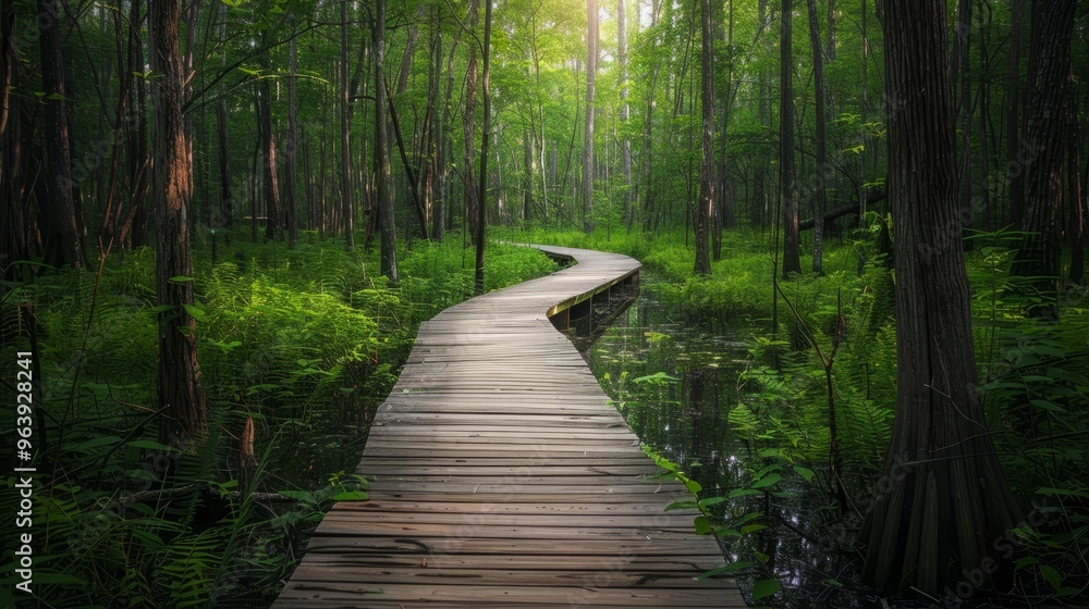 Concept of decision or choice using a wooden boardwalk in dense forest in Great Dismal Swamp Concept of decision or choice using a wooden boardwalk in dense forest in Great Dismal Swamp