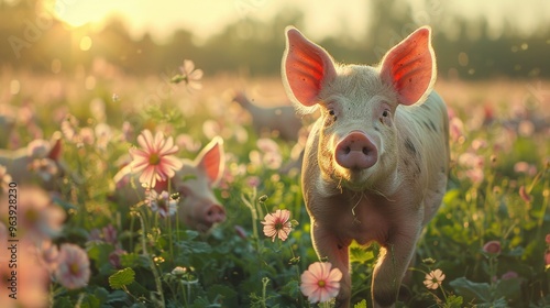 Swine Grazing in a Lush Pasture - Low Angle Close-Up Shot photo