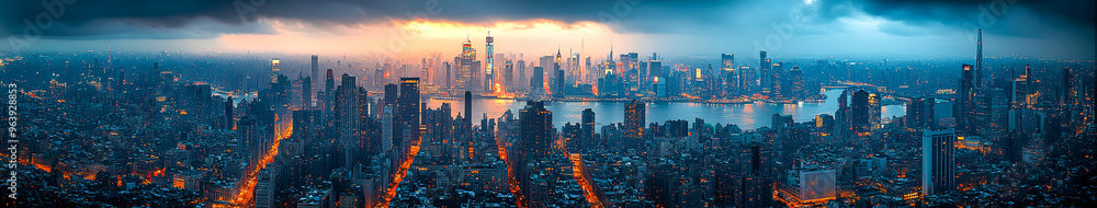 Fototapeta premium Cityscape Symphony - Aerial View of Bustling Urban Grid