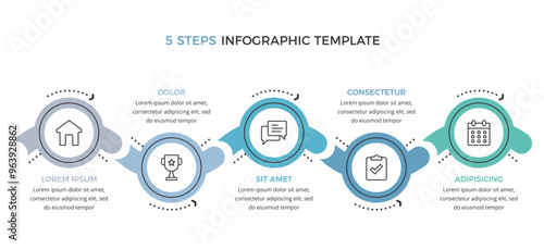 Five connected circles with icons and place for text, flat business infographic template, vector eps10 illustration