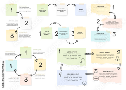 Paper notes connected with arrows, infographic templates with paper, vector eps10 illustration