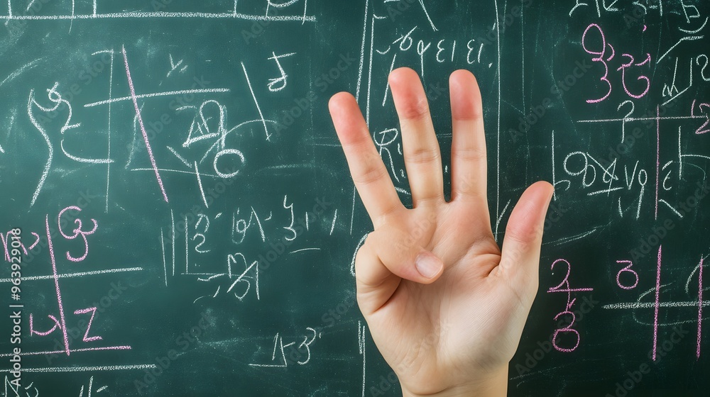 Counting Fingers: A hand showing three fingers against a chalkboard with math equations.
Counting Fingers: A hand showing three fingers against a chalkboard with math equations.