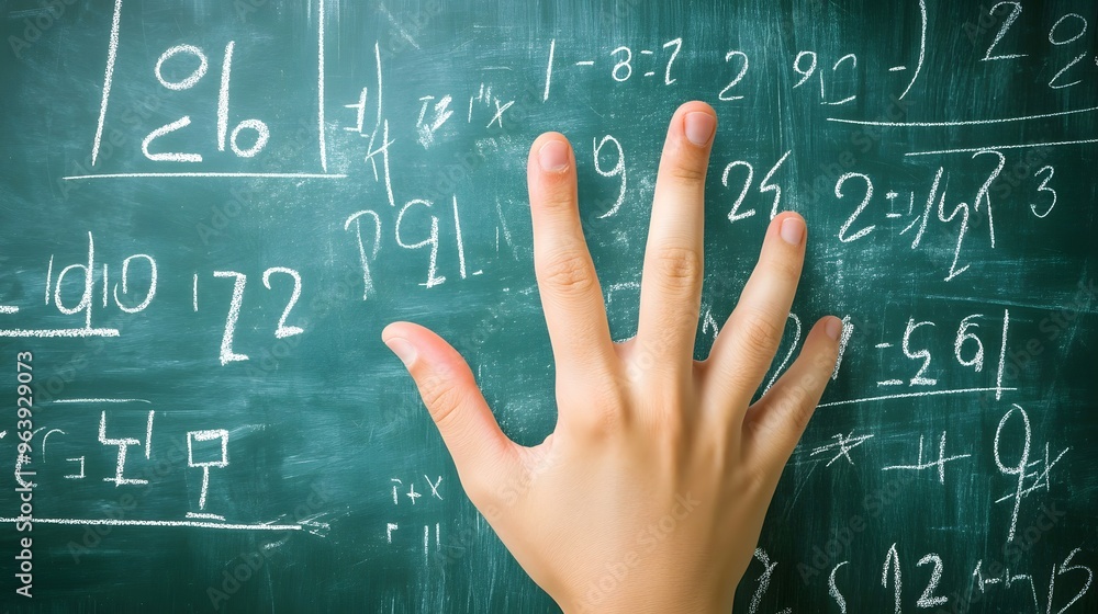 Counting Fingers: A hand showing three fingers against a chalkboard with math equations.
Counting Fingers: A hand showing three fingers against a chalkboard with math equations.