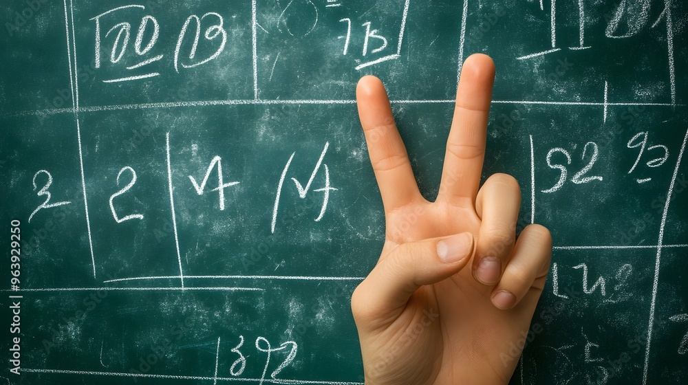 Counting Fingers: A hand showing three fingers against a chalkboard with math equations.
Counting Fingers: A hand showing three fingers against a chalkboard with math equations.