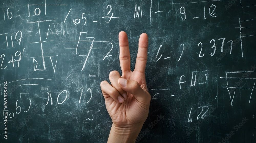 Counting Fingers: A hand showing three fingers against a chalkboard with math equations.
Counting Fingers: A hand showing three fingers against a chalkboard with math equations.