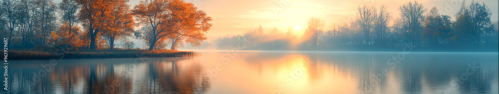 Fototapeta premium Serene Sunrise Reflections: Hyper-Realistic Lake with Misty Trees 