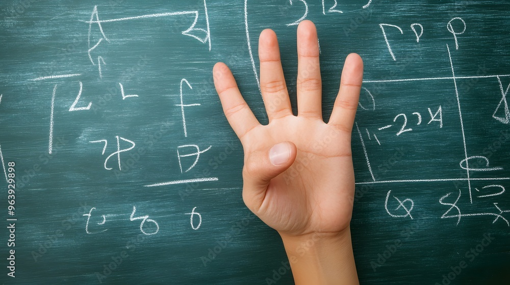 Counting Fingers: A hand showing three fingers against a chalkboard with math equations.
Counting Fingers: A hand showing three fingers against a chalkboard with math equations.