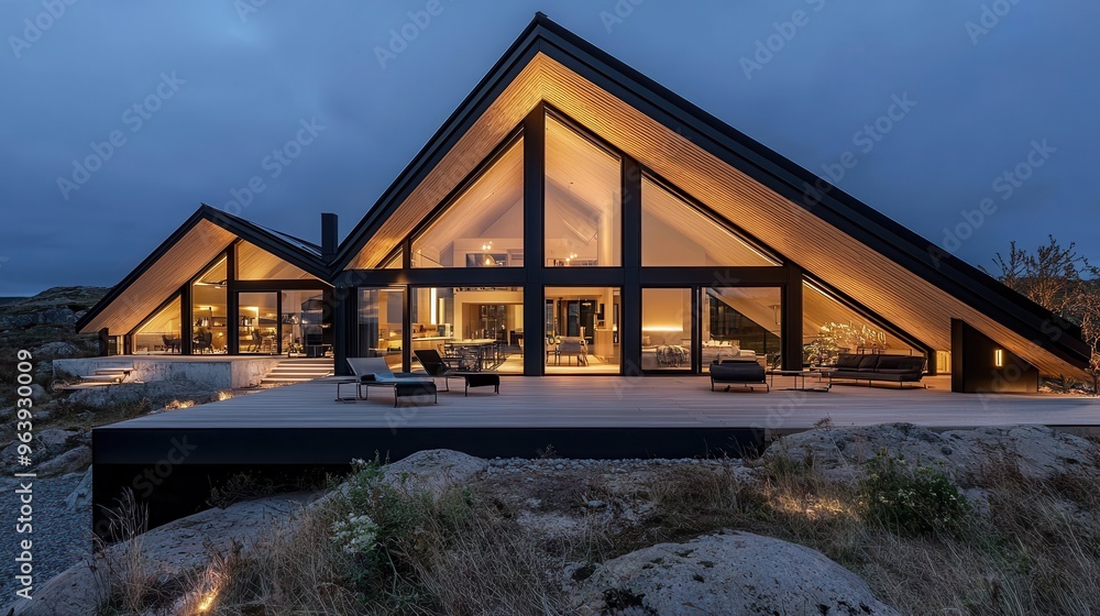 Modern A Frame House with Deck and Lighting at Dusk Modern A Frame House with Deck and Lighting at Dusk