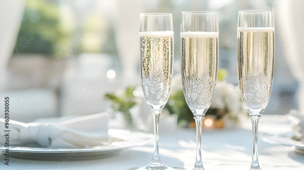 Sparkling Champagne Flutes on White Tablecloth Sparkling Champagne Flutes on White Tablecloth