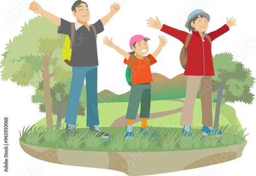 高原で深呼吸する家族のイラスト