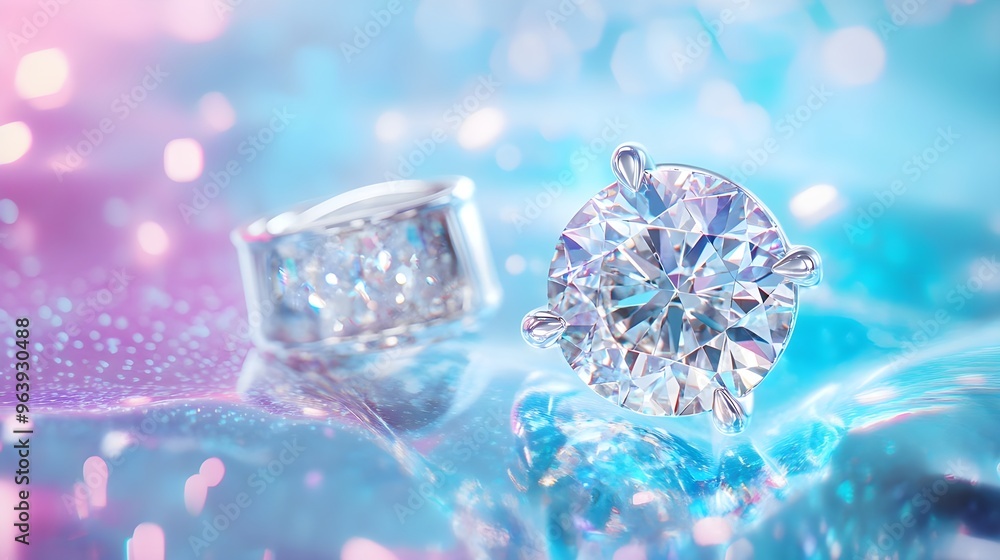 Sparkling Diamond Ring on Blue Background with Bokeh Sparkling Diamond Ring on Blue Background with Bokeh