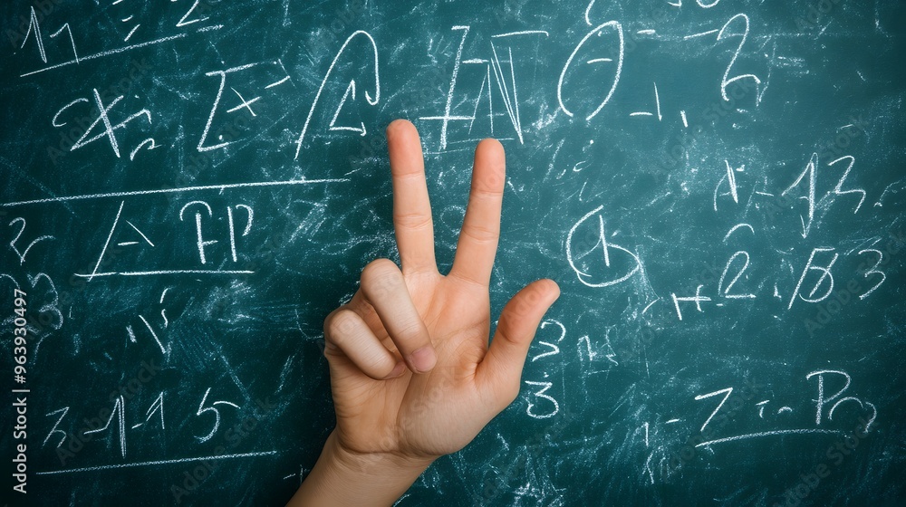 Counting Fingers: A hand showing three fingers against a chalkboard with math equations.
Counting Fingers: A hand showing three fingers against a chalkboard with math equations.