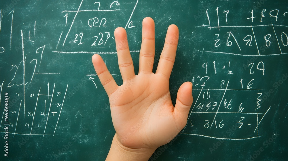 Counting Fingers: A hand showing three fingers against a chalkboard with math equations.
Counting Fingers: A hand showing three fingers against a chalkboard with math equations.