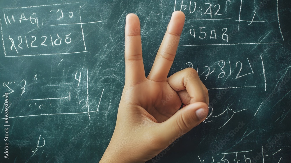 Counting Fingers: A hand showing three fingers against a chalkboard with math equations.
Counting Fingers: A hand showing three fingers against a chalkboard with math equations.