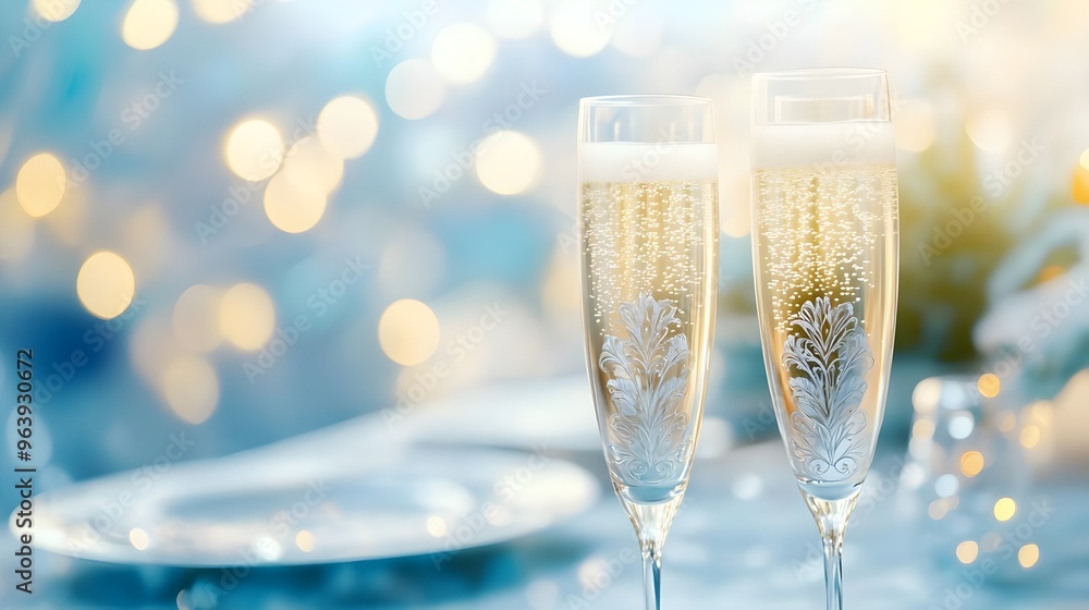 Two Champagne Flutes, Festive Bokeh Background Two Champagne Flutes, Festive Bokeh Background