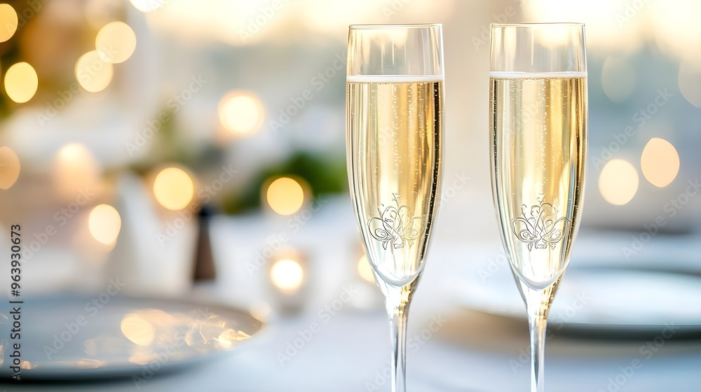 Two Champagne Flutes on Table with Bokeh Lights Two Champagne Flutes on Table with Bokeh Lights