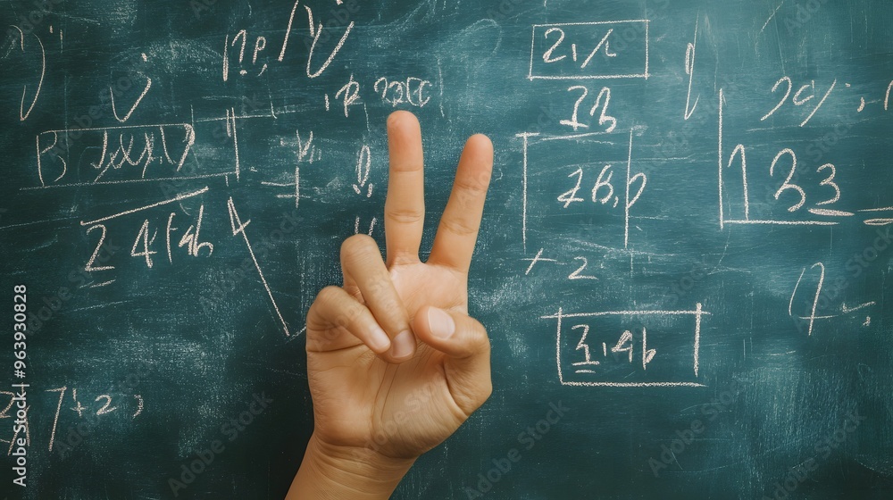 Counting Fingers: A hand showing three fingers against a chalkboard with math equations.
Counting Fingers: A hand showing three fingers against a chalkboard with math equations.