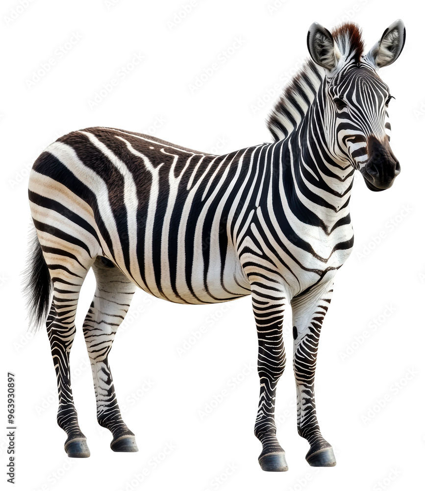 Fototapeta premium Zebra standing on green grass in a natural habitat, cut out - stock png.