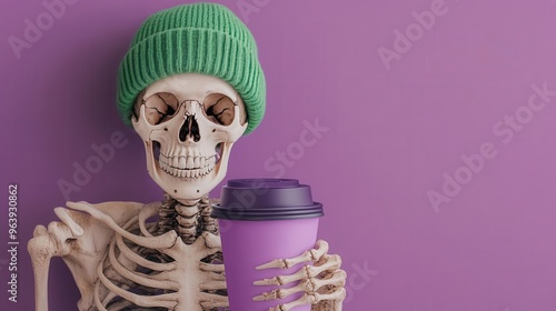 skeleton with a Green beanie drinking coffee from a cup you would get in a to go cup with a purple lid, purple background photo