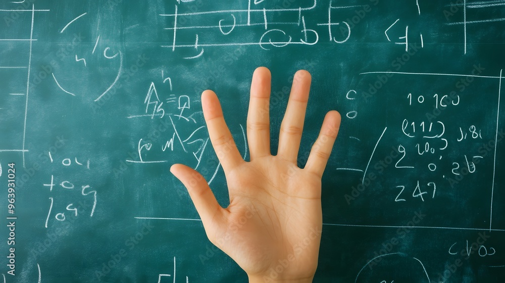 Counting Fingers: A hand showing three fingers against a chalkboard with math equations.
Counting Fingers: A hand showing three fingers against a chalkboard with math equations.